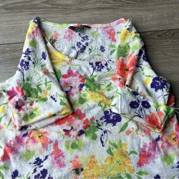 Ralph Lauren Pure Linen Floral Print Short Sleeve Blouse - Picture 14 of 14